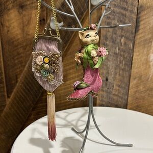 Set of 2 Victorian style ornaments-Cat in boot and embellished change purse